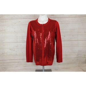 𝅺QUACKER Factory Size S Red Sequined Zip Sweater Cardigan